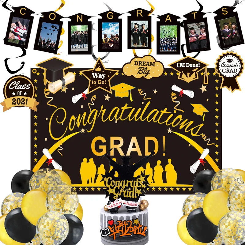 

2021 Gold Black Congrats Graduates Theme Hanging Swirls Backdrop Happy Graduation Party Decorations Supplies Banner Balloons Set