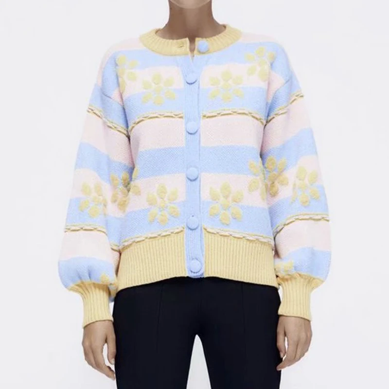 

Женский жаккардовый кардиган Za, элегантный плотный винтажный джемпер с цветочным принтом, вязаный кардиган оверсайз, BB1882, Осень-зима 2021