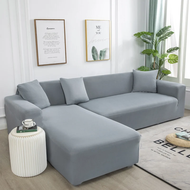 

Grey Plain Color Elastic Stretch Sofa Cover Need Order 2Piece Sofa Cover If fundas sofas chaise longue Case for Sofa