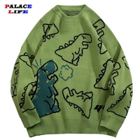 men japanese dinosaur sweater cartoon casual loose knitted pullover spring o neck oversize casual couple male sweaters unisex