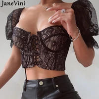 janevini stretch lace corset top sexy black see through underwire billowy sleeve crop top square collar lace up women streetwear
