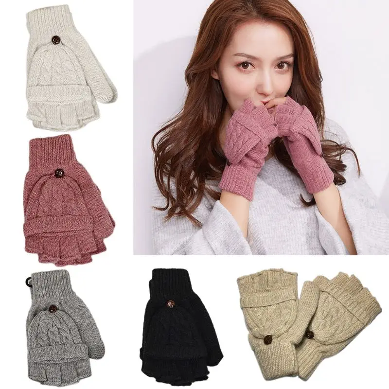 

Womens Chunky Cable Knit Fingerless Mittens Winter Solid Color Convertible Touch Screen Half Finger Gloves with Flip Cover Hand