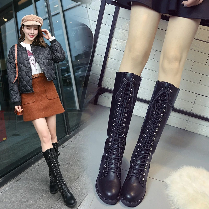 Женские сапоги martin до колена на шнуровке спереди Зимние теплые плюшевые высокие