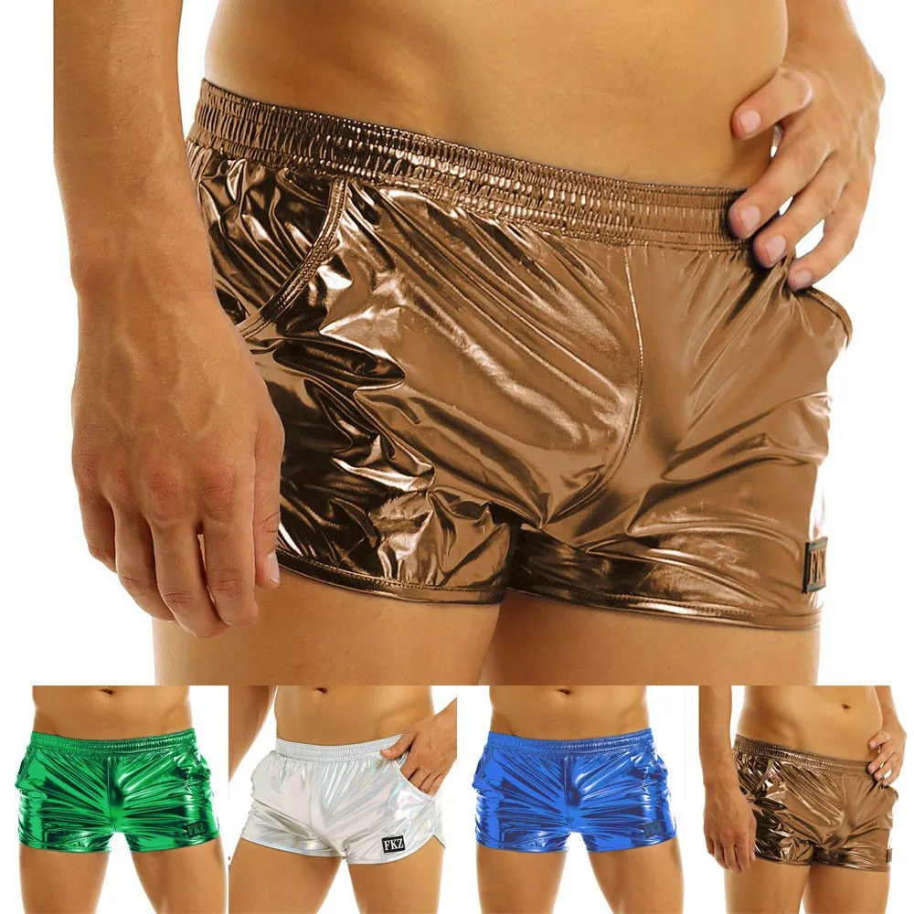 

Men Gilding Imitation Leather Underwear Sexy Stage Wear Loose Boxer Briefs Gilding Imitation Leather Underwear Sexy Stage