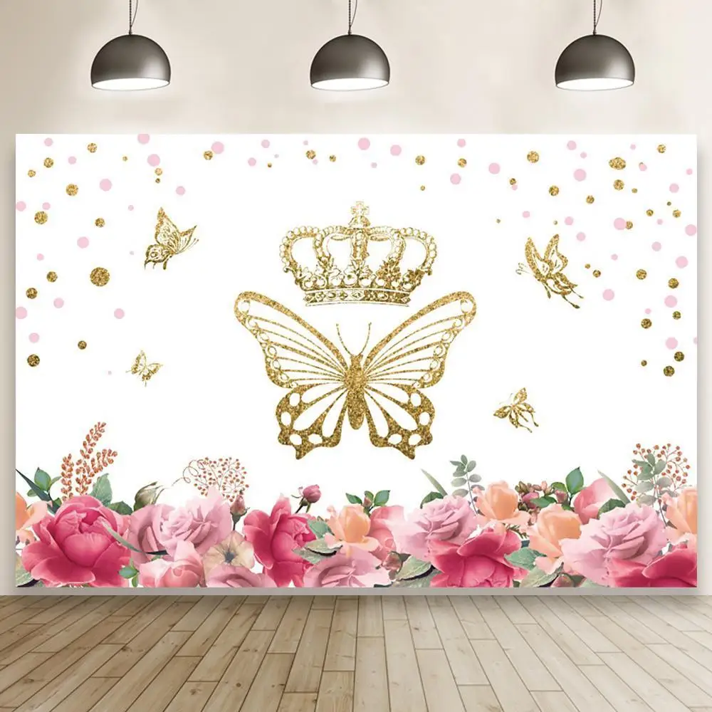 

Виниловый фон для фотосъемки новорожденных с изображением красивых золотых бабочек короны цветов праздничного декора детского шоу