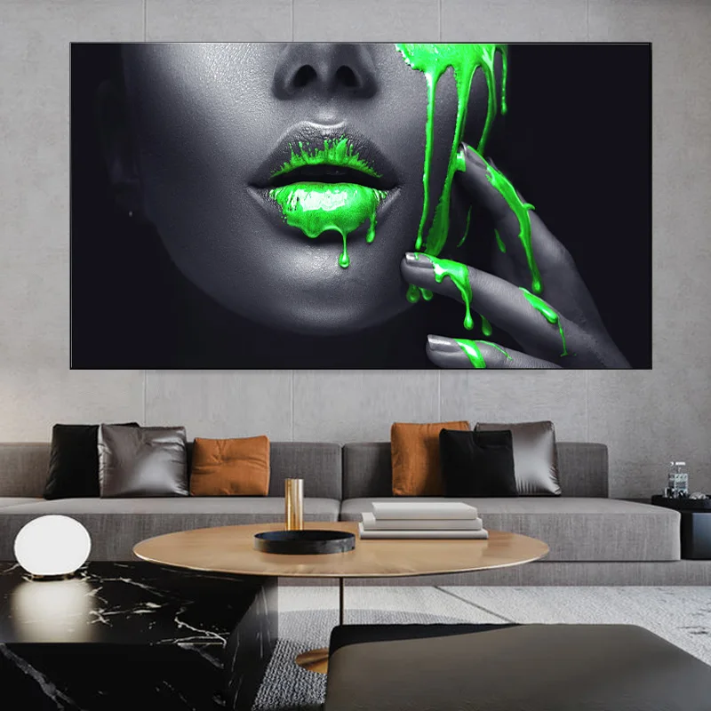 

Modern Fashion Women Lips Canvas Painting Gold Green Red Liquid Poster and Prints Wall Art Pictures for Living Room Home Decor