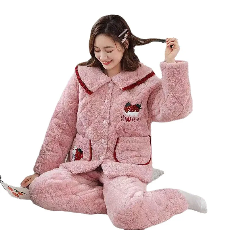 

Women's Plus Cashmere Nightgown 2021 Spring And Summer Hot-Sell Coral Fleece Homewear Thicken lapel Two-Piece Set Keeping Warm L