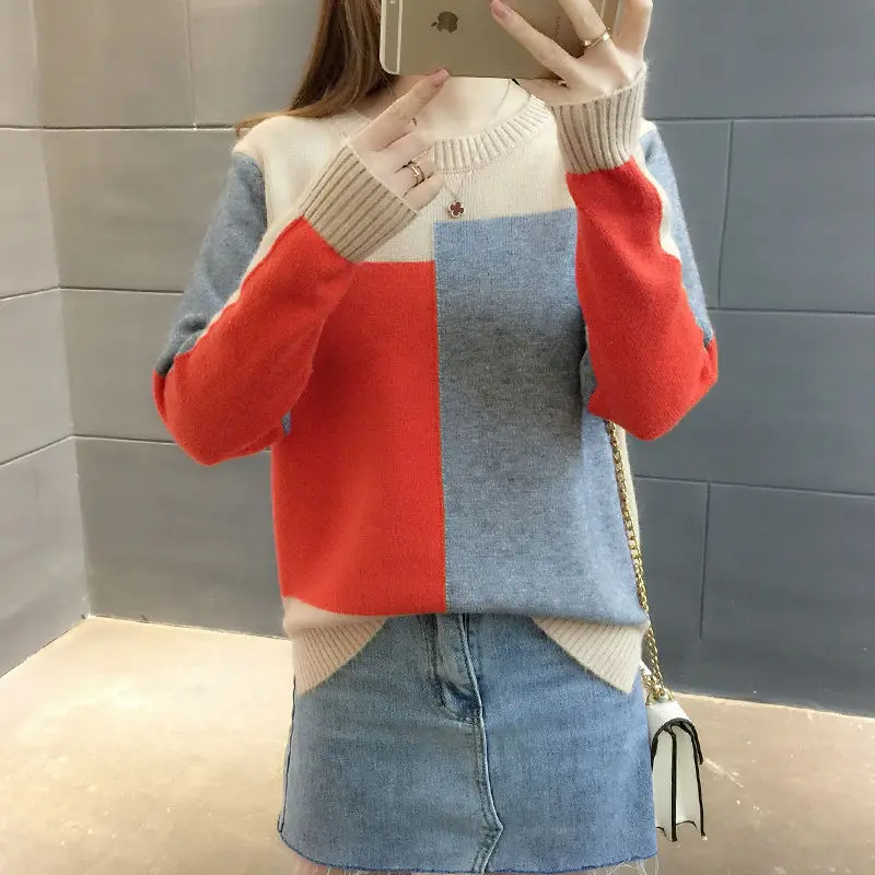 0.5 New Arrival Thick Winter Knitted Women Sweater Plus Velvet O-neck Contrast Color Pullovers | Женская одежда