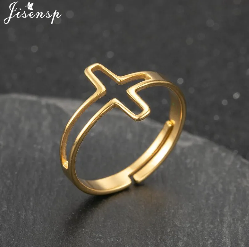 

2021 Punk Stainless Steel Couple Rings Women Men Religious Jewelry Simple Hollow Cross Finger Ring Bague Femme Girls Party Gifts