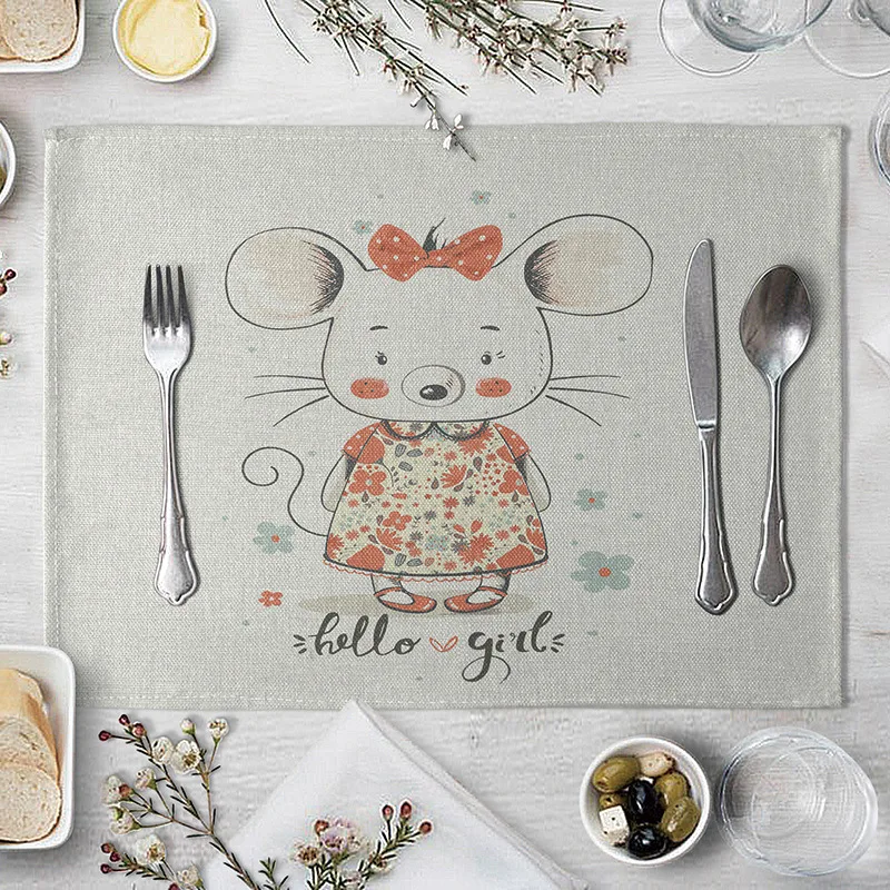 

Animal Kitchen Table Cartoon Elk Printed Bear Elephant Placemat Dining Tables Coaster Coffee Cup Pad Kitchen Placemat for Table