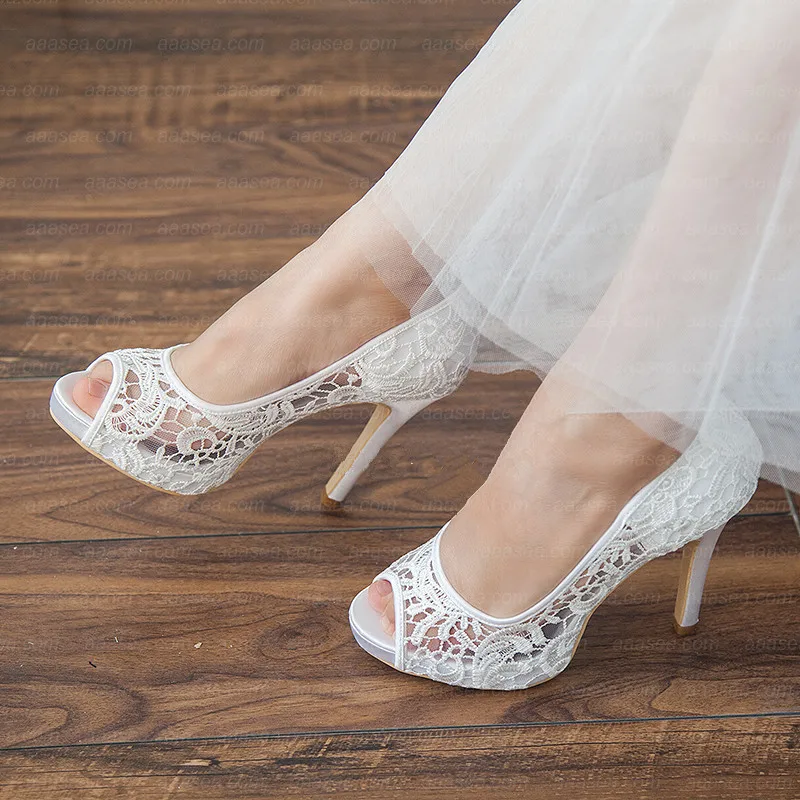 2021 New White Lace Wedding Shoes Water Table Fish Mouth High Heels Wedding Dress Shoes Large Size Women's Single Shoes 42 43