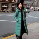 Пуховик женский с капюшоном, длинный утепленный однотонный приталенный пуховик на молнии, водонепроницаемая и ветрозащитная уличная одежда, зима