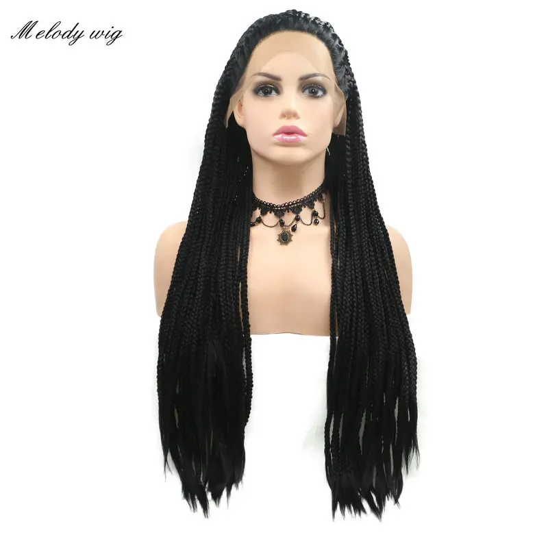 Melody Handmade Long Yaki Braided Box Braids Wig 1B#Natural Black Synthetic Lace Front for Black Women Drag Queen Hair Cosplay