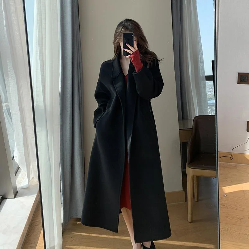 

Женское шерстяное пальто средней и большой длины, черное утепленное пальто из искусственной шерсти для осени и зимы, 2021