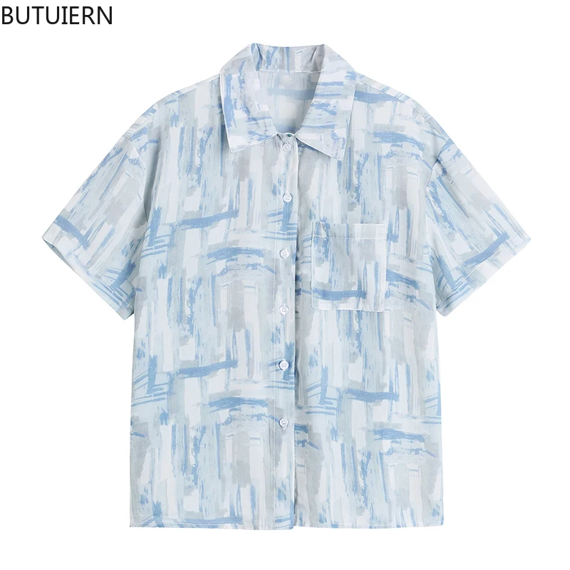 

Women's Blusas OL Harajuku Shirts Office Ladies Casual Rok Blouses Tops For Fashion Ladies Cardigan Retro Blue Tie Dye BF Loose