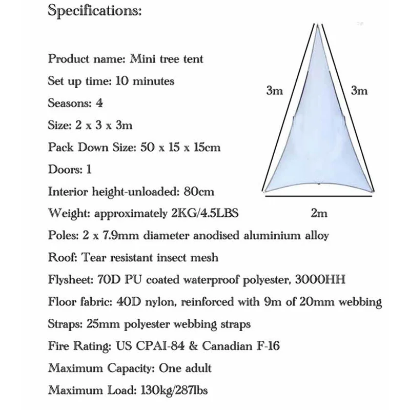 Палатка подвеска треугольная туристическая на 1 человек Ультралегкая