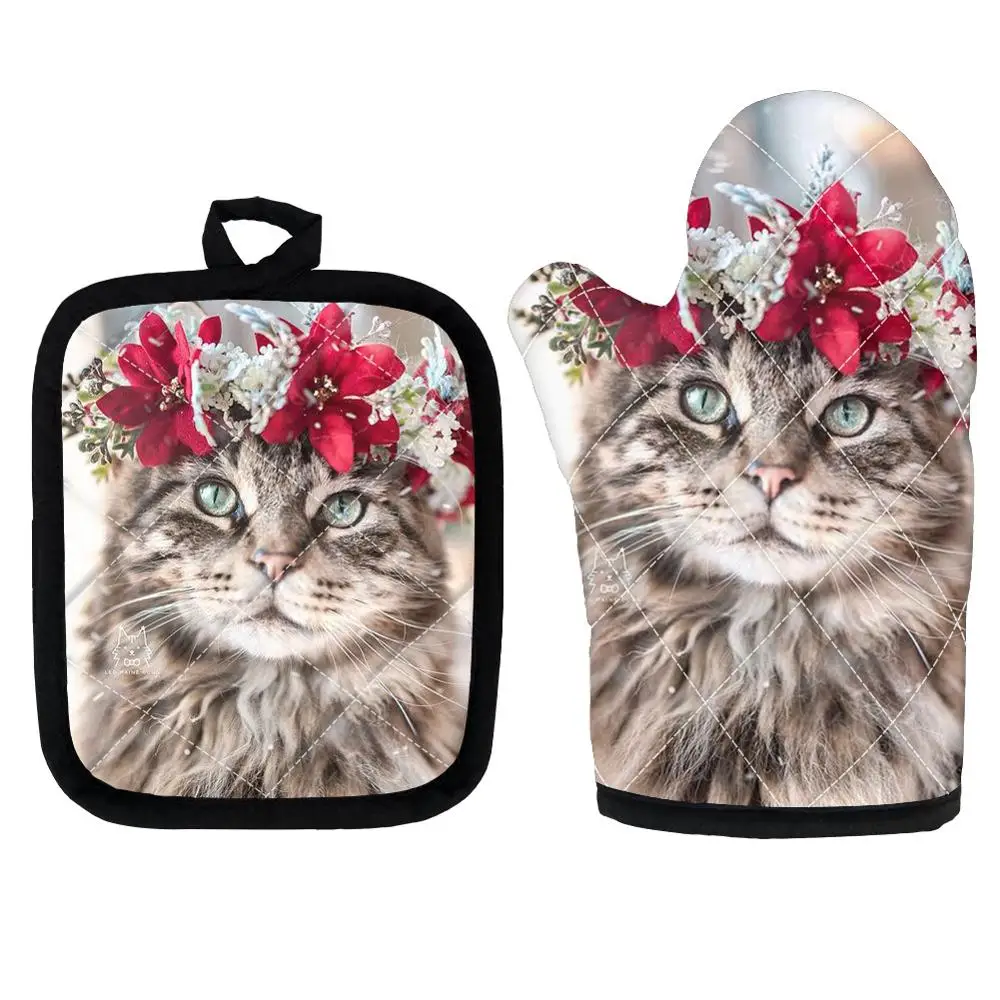 

Microwave Glove Potholder Bakeware Heatproof Mitten Cute Animal Cat Print Kitchen Cooking BBQ Oven Mitts Non-Slip Insulation Pad