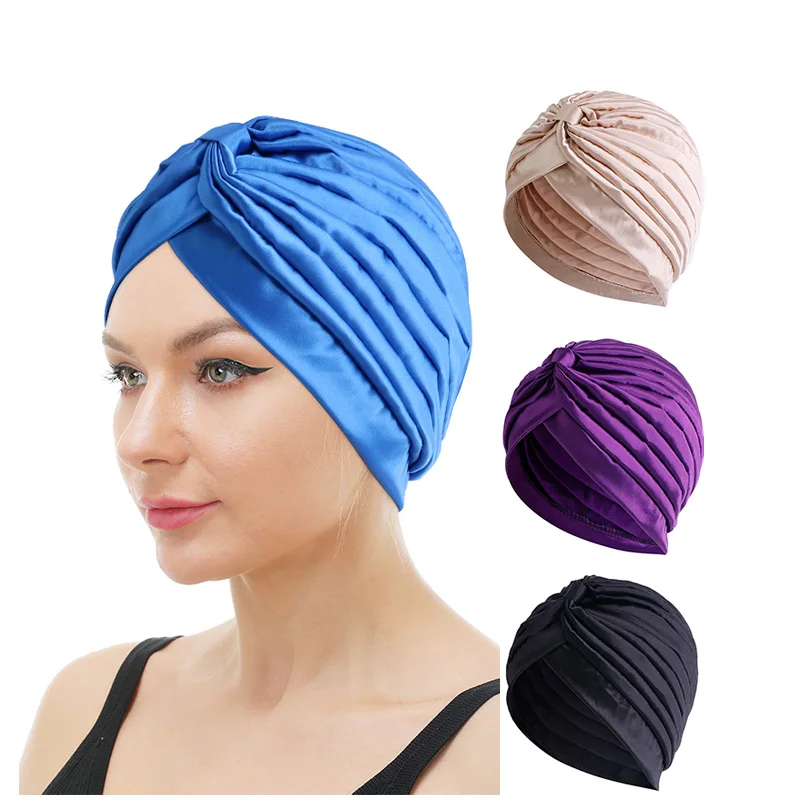 

New Knotted Style Silky Satin Ruffle Turban Soft Headwrap India Cap Bandana Ladies Headwear Hair Accessories Hair Loss Chemo Cap