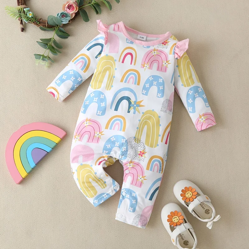 

Fashion Baby Girl Romper Sweet Rainbow Print Long Flying Sleeve Baby Jumpsuit Birthday Party Princess Baby Girl Clothes 0-18M