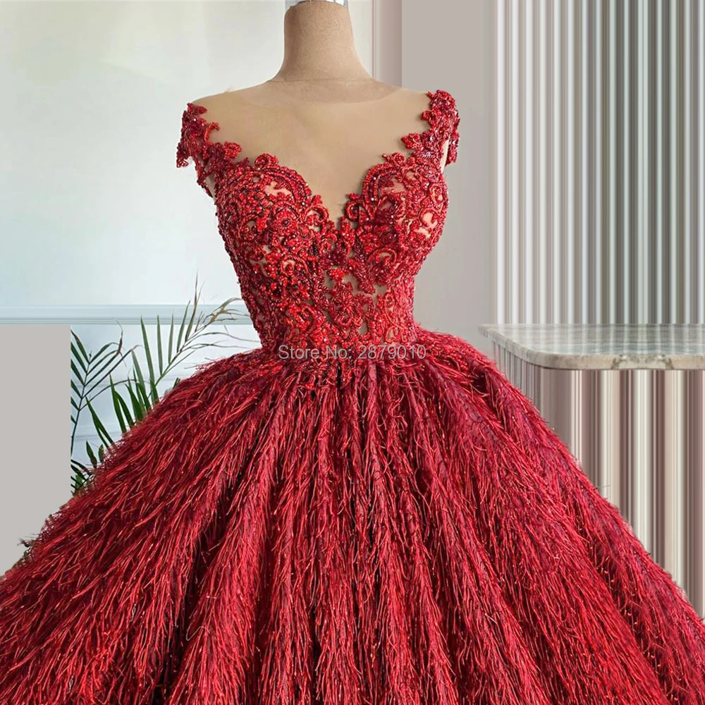 Luxury Haute Couture Burgundy V-Neck Ball Gown Evening Dresses Floor-Length Prom Dress Feathers Beaded Formal Dress 2020 Dubai