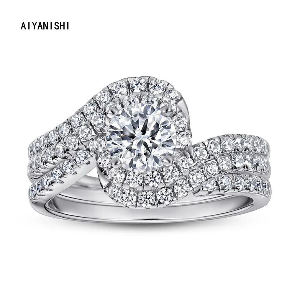 

AIYANISHI 925 Sterling Silver 2pcs Ring Sets Twisted Halo Round Bridal Ring Sets for Women Engagement Anniversary Jewelry Gifts