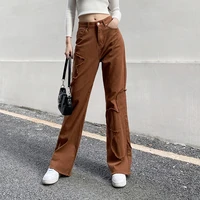 vintage female pants solid color high waist trouser for spring summer khaki wide leg stretchy loose denim pants high street