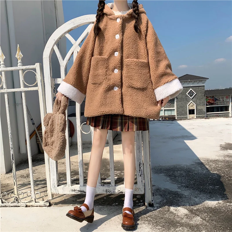 Winter Kawaii Girl Teddy Jacket Cute College Style Single Breasted Loose Thicken Warm Coat Women Fluffy Lamb Faux Fur Overcoat