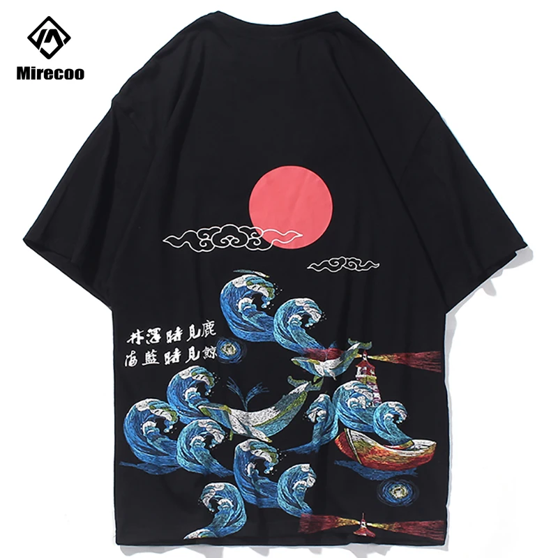 

Japanese Style Hip Hop T Shirt Men 2020 Streetwear Wave Print Tshirt Summer Short Sleeve Harajuku T-Shirt Cotton Tops Tees Black