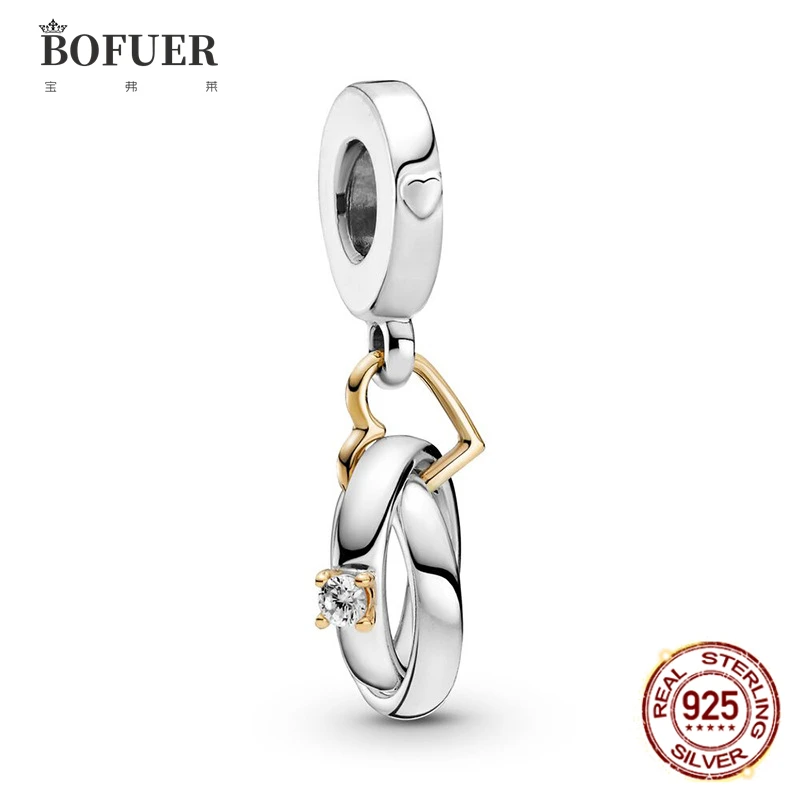 

BOFUER Heart Ring Charm Fit Pandora Original 925 Sterling Silver Bracelets Women Fine DIY Diamond Pendant Jewelry 506B