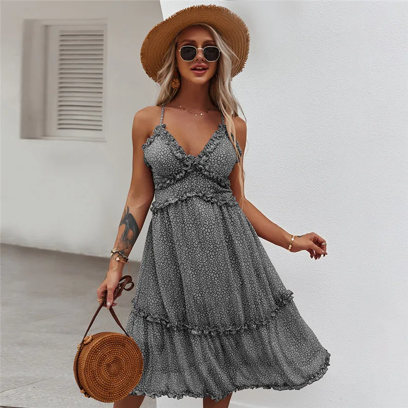 

Spring New Spaghetti Strap Dress Women Casual Sleeveless High Waist Print Ruffles Sling Dress For Women 2021 Summer Dress