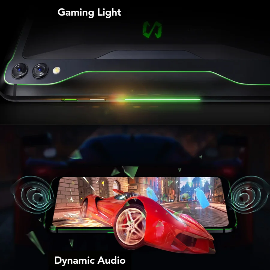 Мобильный телефон Xiaomi Black Shark 2 с 6.39" экраном, 6/8 ГБ оперативной памяти, 128 ГБ встроенной памяти, процессором Snapdragon 855 OctaCore на Android 9.0, поддержкой двух SIM-карт и поддержкой игр.