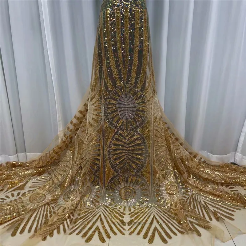 

2021 gold African Sequins Lace Fabric High Quaity Sequence Fabric Embroidery French Tulle Mesh Lace Fabric for Nigerian Party