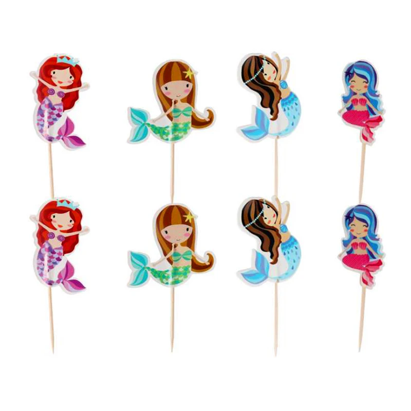 

240pcs/lot Mermaid Theme Baby Shower Cupcake toppers Decorate Girls Kids Favors Happy Birthday Party Cake Topper With Sticks