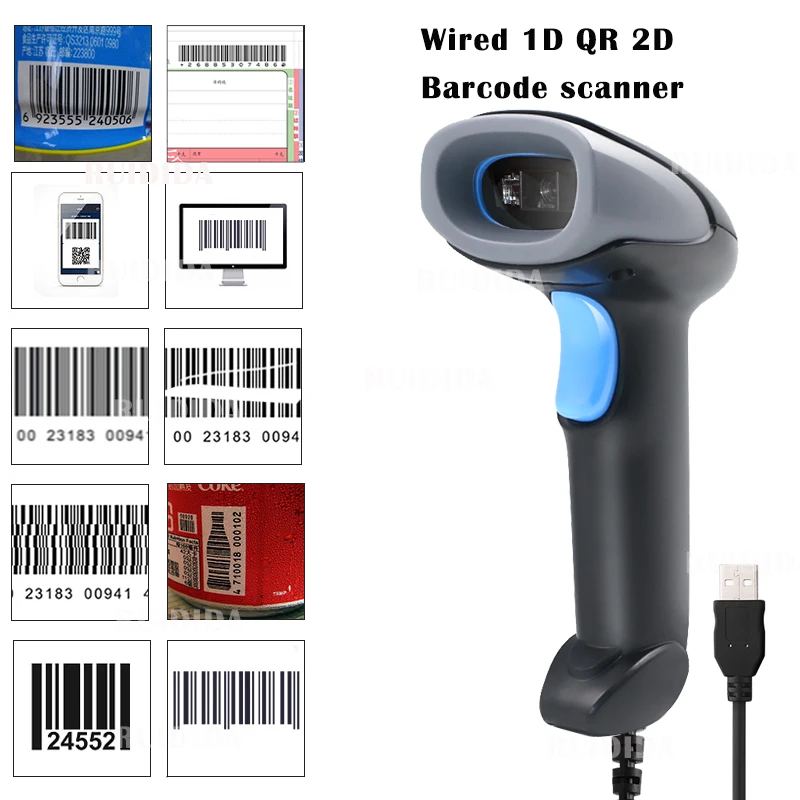 

RUIDIDA 2D 1D QR Barcode Scanner PDF417 Wired Handheld Barcode Reader USB Support Mobile Phone iPad