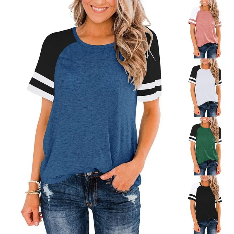 

Laamei Womens Short Sleeve Shirts Crew Neck Color Block Workout Top Casual Tunic Tops Athletic Femme Summer T-Shirt Plus Size