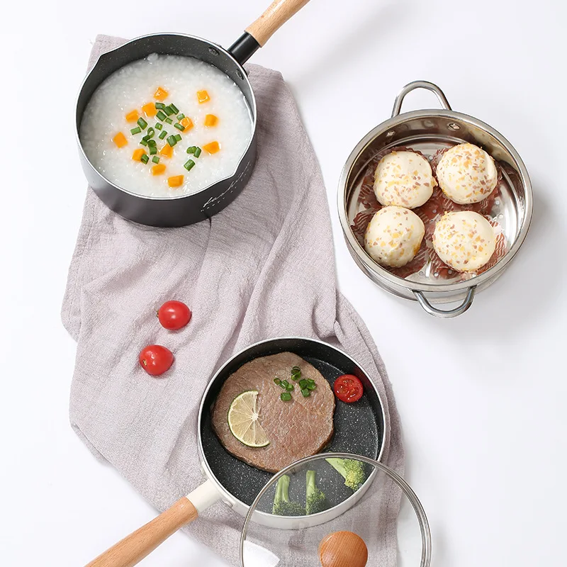 Антипригарное покрытие Алюминий сплав сковородка для жарки деревянной ручкой