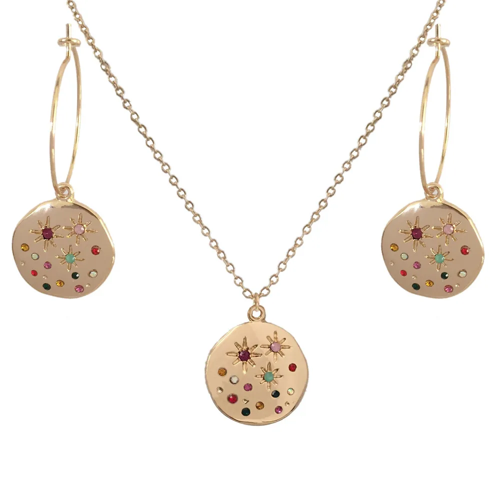 Набор из круглых серег и ожерелья с подвеской многоцветный камнем подарок для