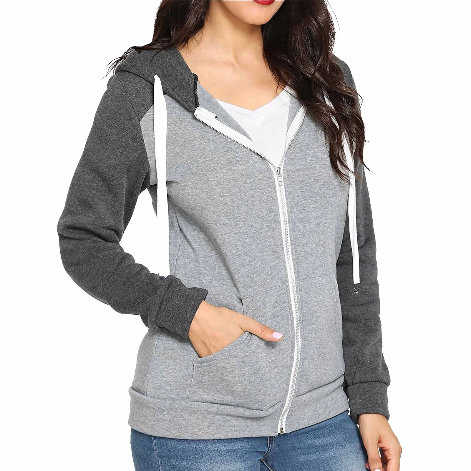 

Women Sweatshirts Autumn Winter Hoodies Long Sleeve Hoody Ladies Zipper Pocket Patchwork Hooded Sweatshirt Female Outwear #SRN