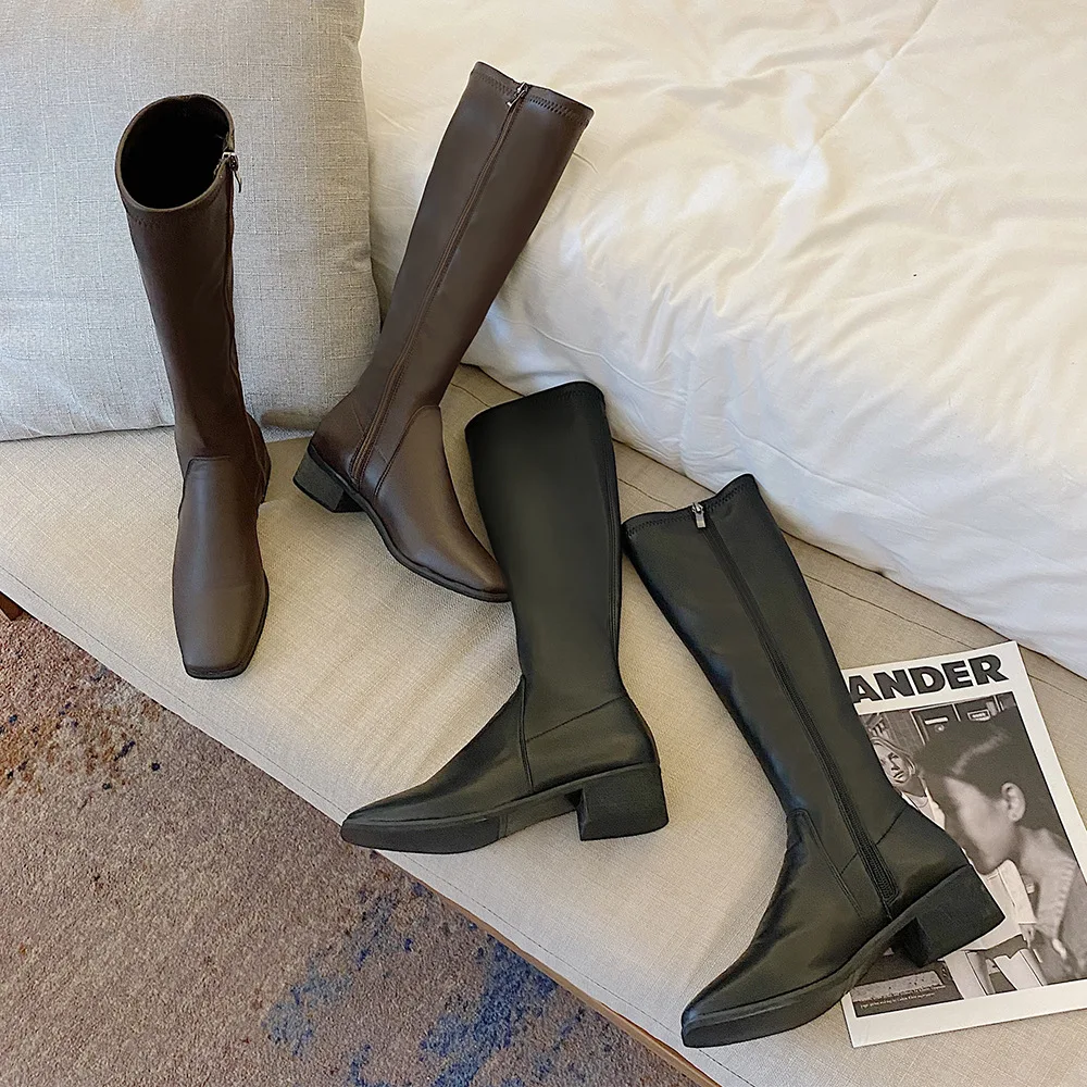

women shoes leather boots Over The Knee Boots low heels Slim long boots black brown Lady Winter warm shoes high quality