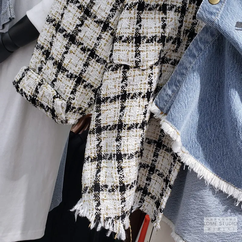 

Autumn Letter Print Women Plaid Stitching Jeans Plus Size Coats Hit Color Oversized Outerwear Blue Overcoat Female Clothing