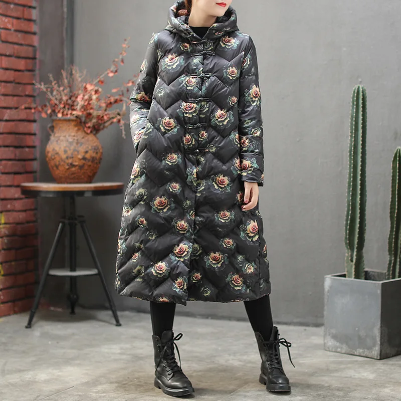 Женские Длинные пуховые пальто винтажные куртки с капюшоном принтом на