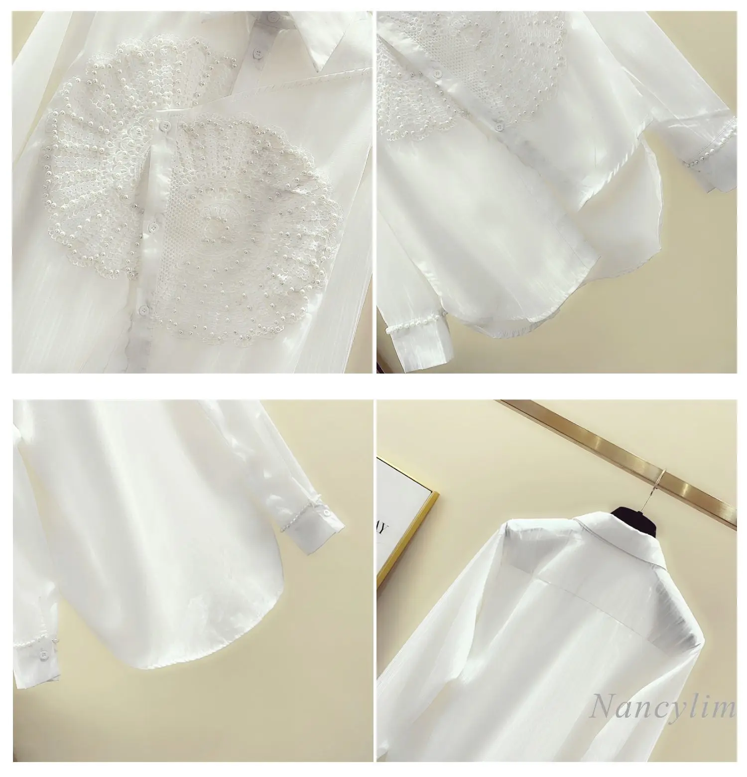White Shirt Women 2021 Spring and Autumn Long-Sleeved Beaded Lace Stitching Irregular Blouse Female Fashion Top Nancylim