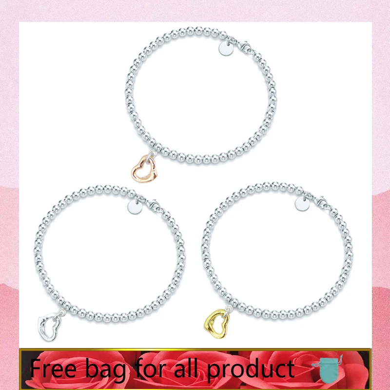 

Hot Sale Open Heart 4mm Bead Bracelets Bangles for Women Ladies Valentine Gift S925 Sterling Silver Original LOGO 1:1 Jewelry