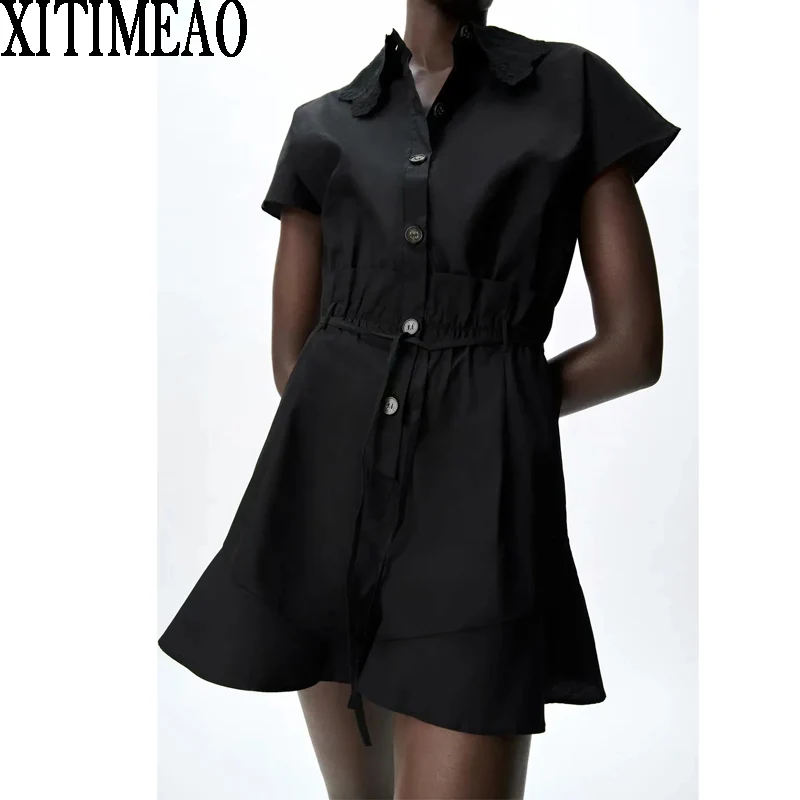 Женское винтажное платье с коротким рукавом Za черное рубашка отложным