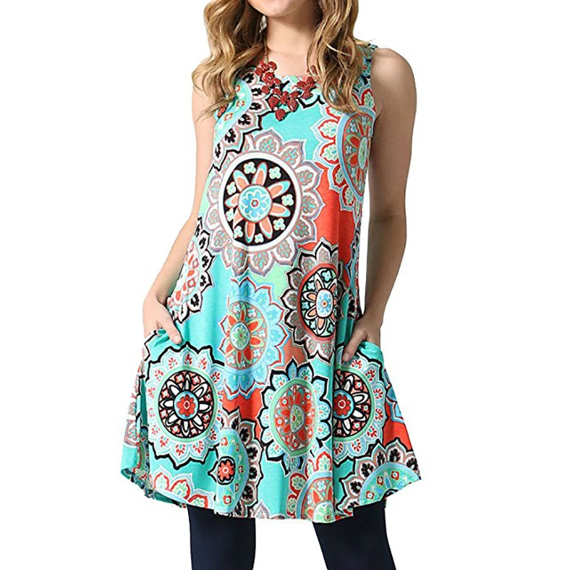

2021 New European Elegant Dress O-neck Print Sleeveless Dress Summer Casual Loose Versatile Dress Women Clothes