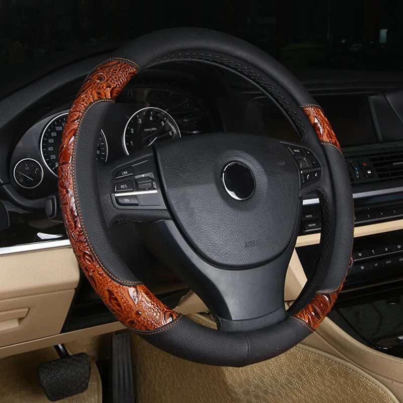 

LUNASBORE Racing Wood shavings Car Steering Wheel Cover set Leather Covers 36/38/40cm For BMW/Honda/AUDI/Ford/Toyota/volkswagen