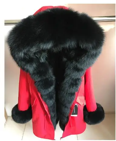 fox fur collar Роскошное пальто, парка из натурального меха, зимняя куртка, женское длинное пальто, подкладка из натурального Лисьего меха, съемный большой натуральный мех енота, воротник с капюшоном - Цвет: fox fur collar