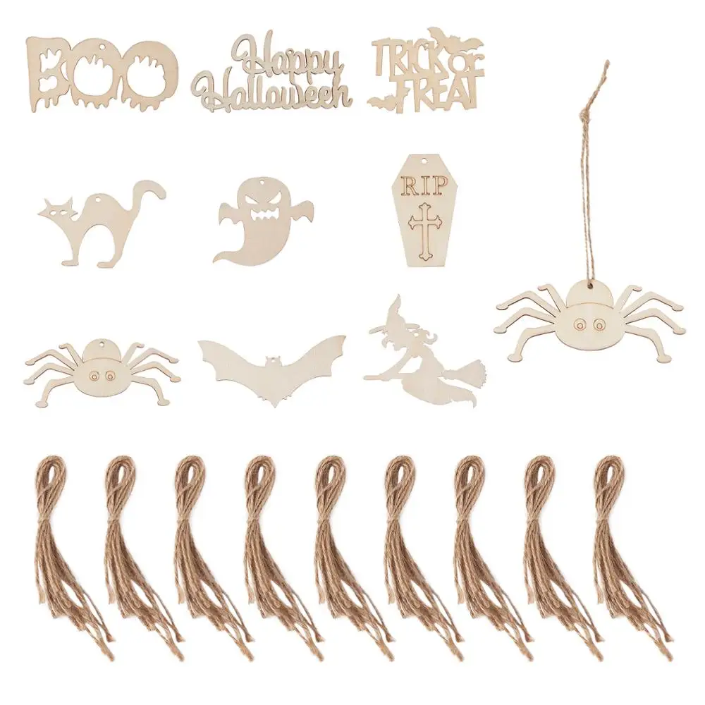 

45pcs/bag Wooden Ornaments Halloween Hanging Pendants with Hemp Cord for Home Party Decoration DIY Handmade Accessories