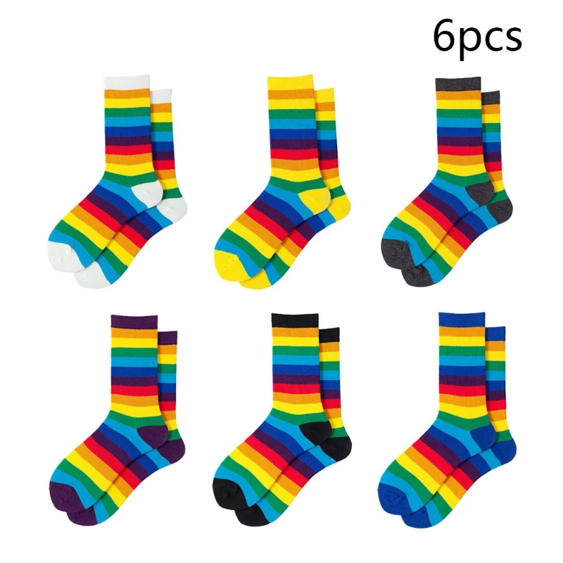 

6 Pairs Women Winter Candy Colored Rainbow Striped Long Socks On the Calf Retro Harajuku Hip Hop Skateboard Elastic Cotton Tube