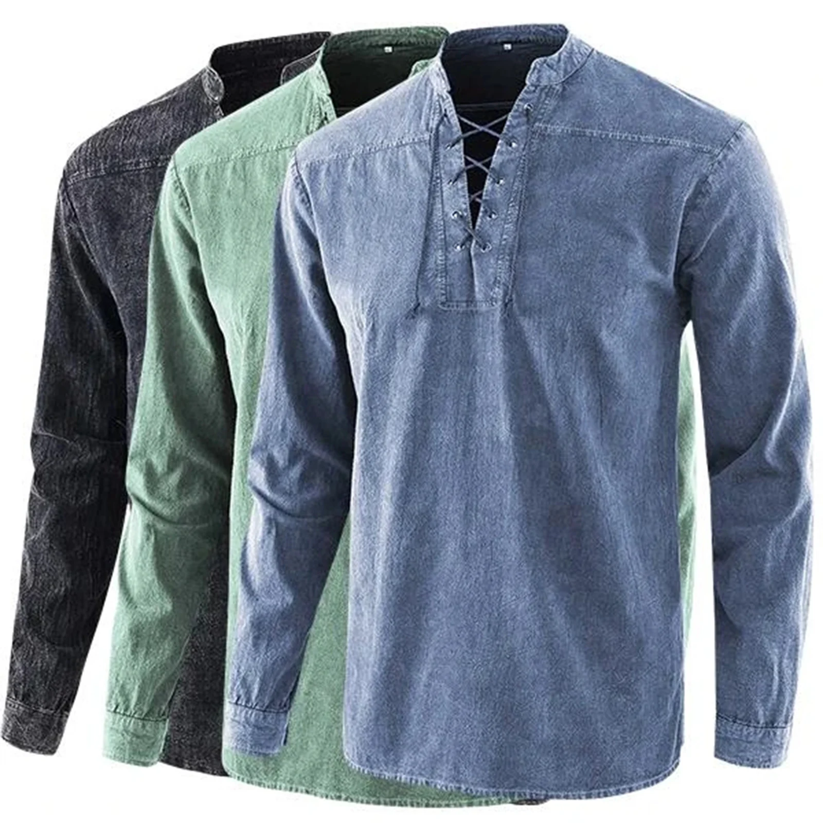 

2020 Men Gothic Retro T Shirt Lace-up V-neck Denim Long Sleeve Tee Shirt Loose Tops for Male LL@17